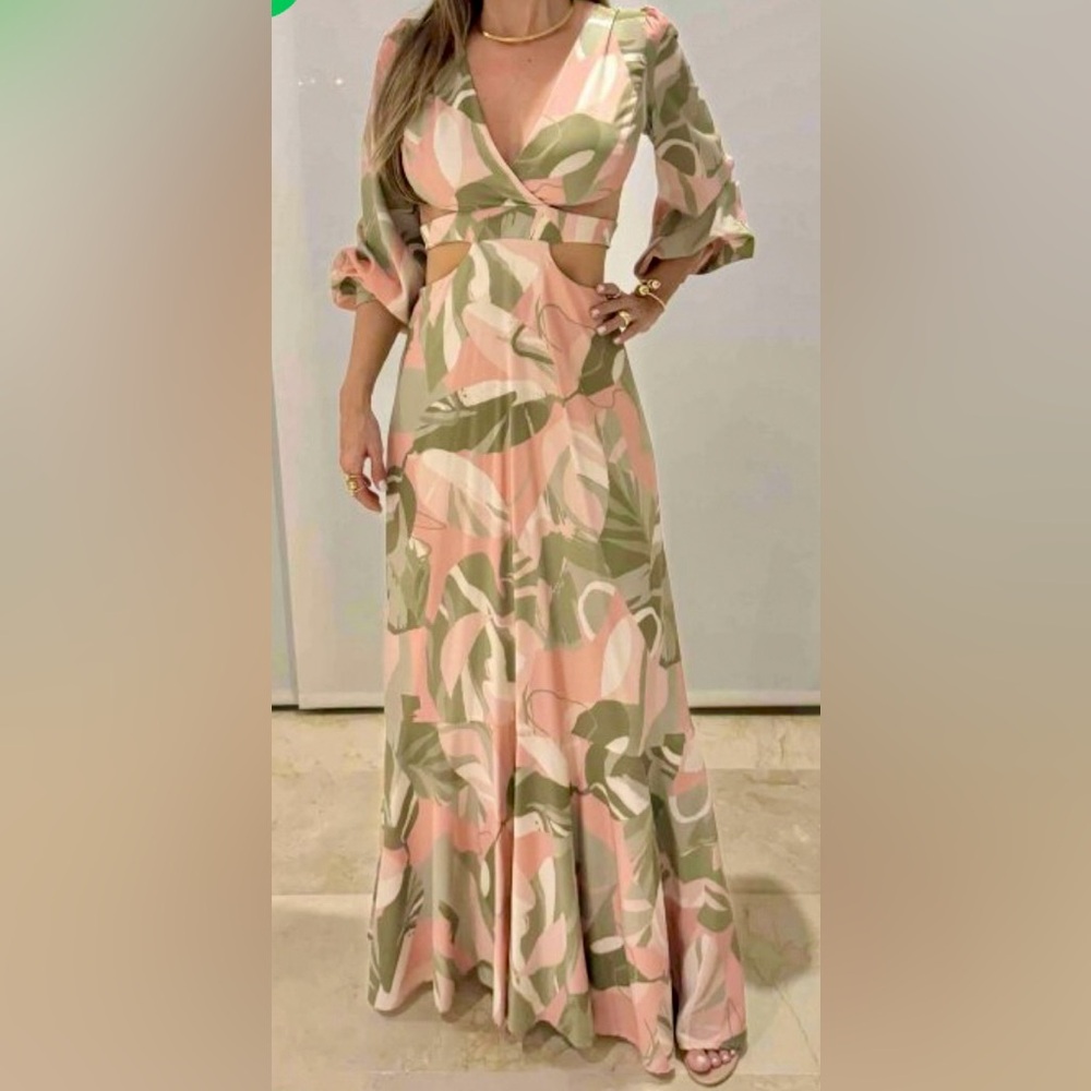 Designers Originals Pink and Green Leaf Maxi Dress